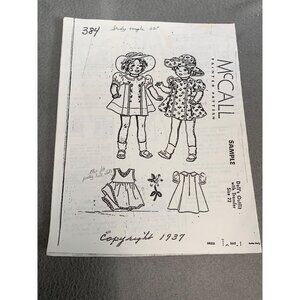 Vintage McCalls Sewing Pattern 384 1937 22" Doll Dress & Hat Shirley Temple